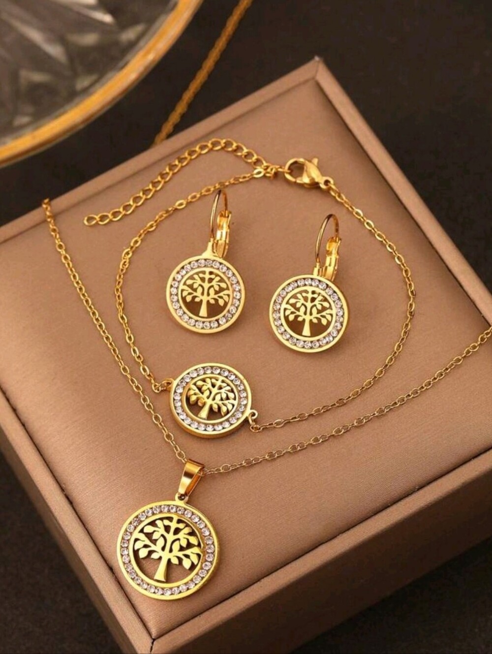 Gold Tone Tree of Life Jewelry Set - Necklace & Earrings Without Box